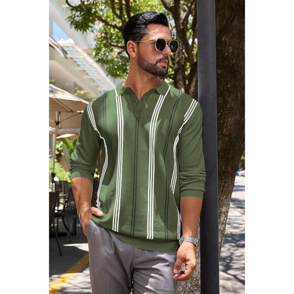 Men's Knit Polo Sweater Long Sleeve Striped Thermal Button Collar Sweater Green - Picture 7 of 7